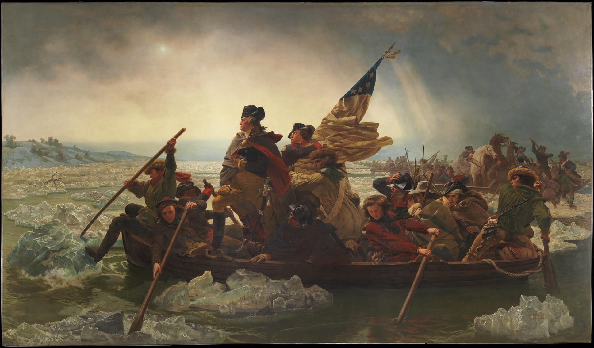 A painting depicting Geroge Washington and other soldiers on a boat in a river