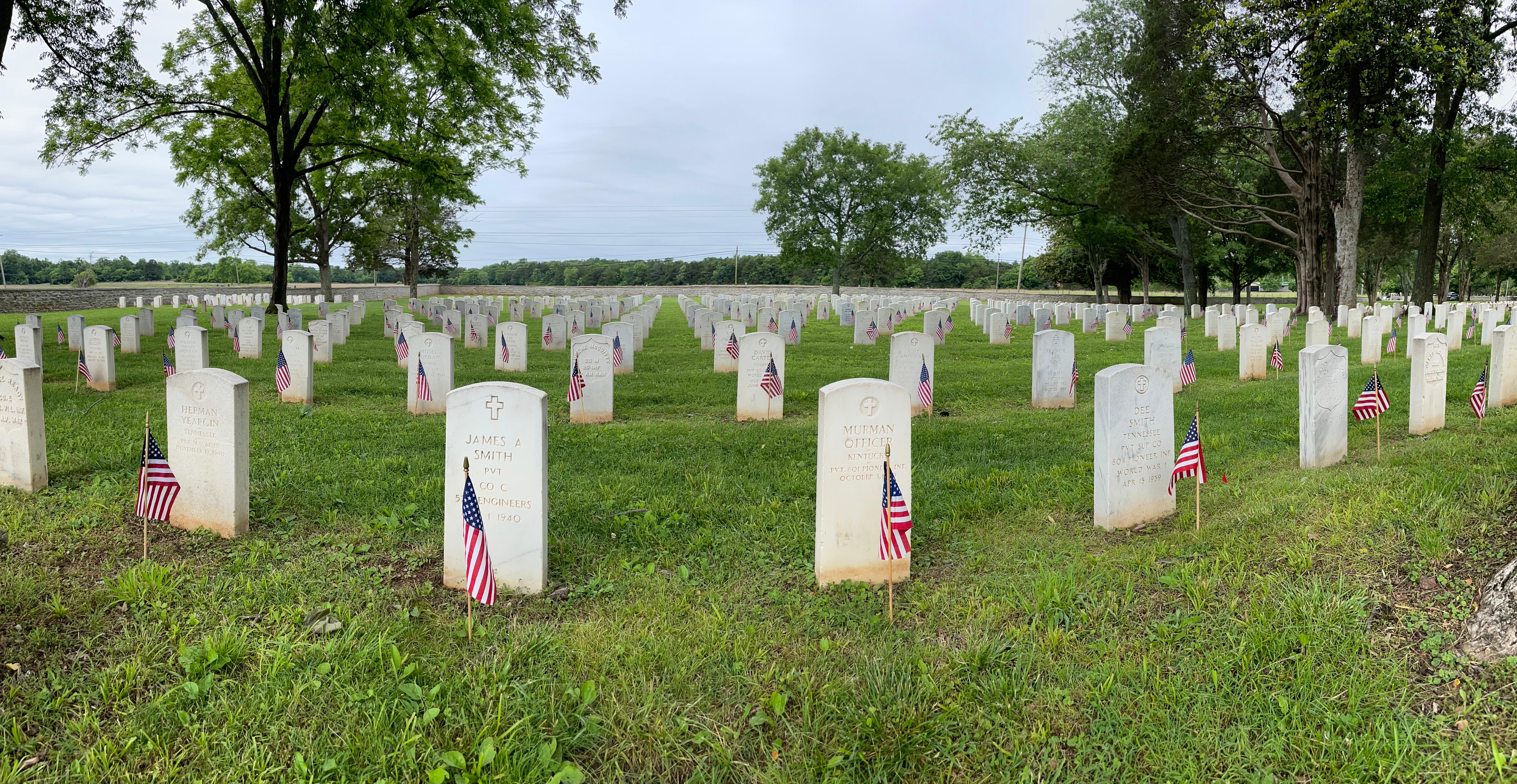 American flags stand in front of headstones placed in rows.