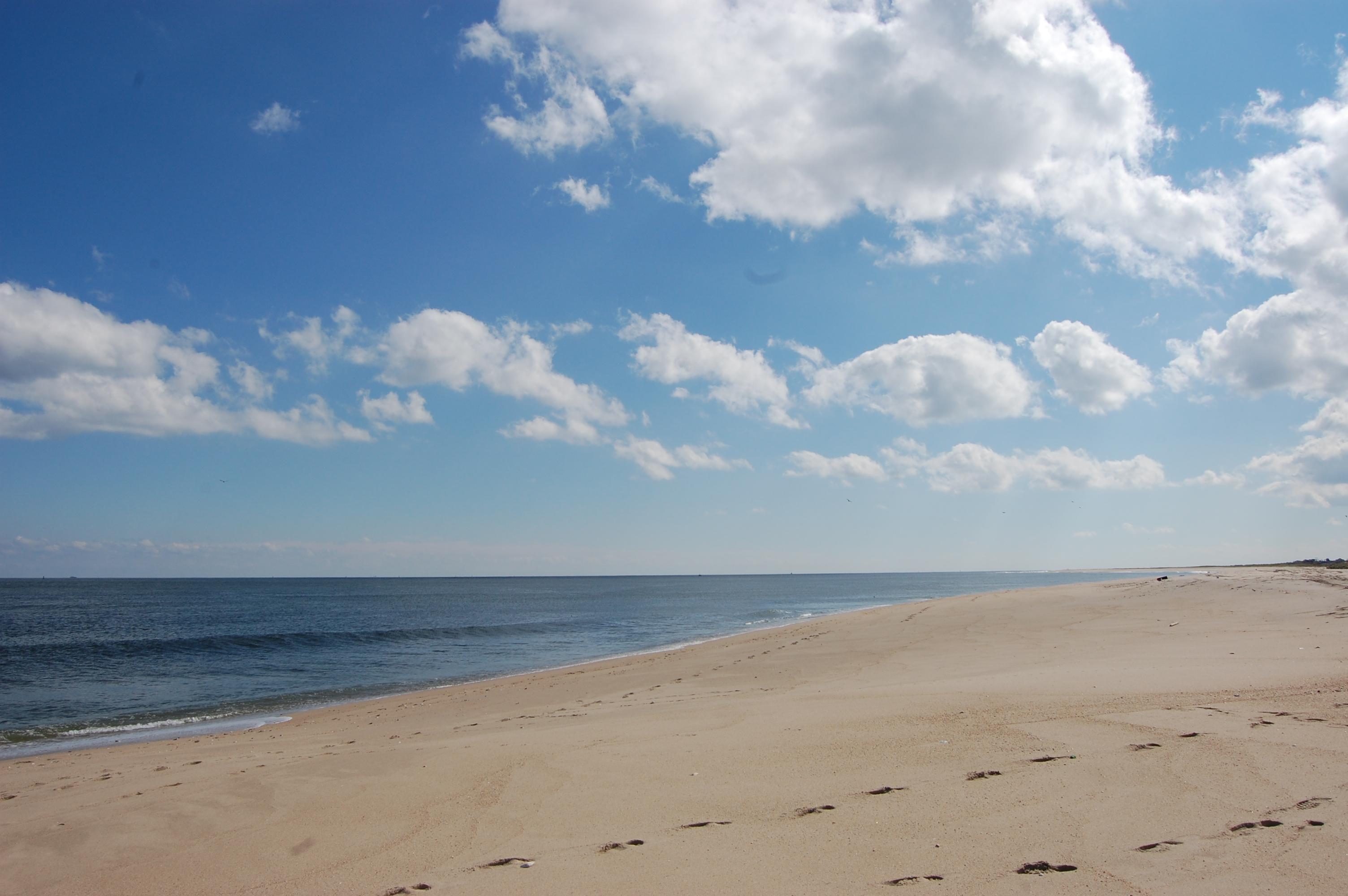 Wide expanse of beach under a blue sky