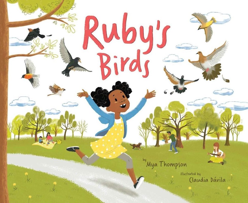 Illustration for Ruby's Birds shows a young girl skip along a path outside as birds fly above her.