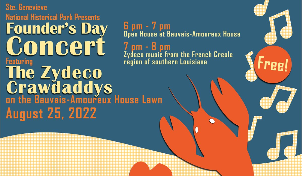 Flyer featuring a lobster and music notes. Founder's Day Concert featuring The Zydeco Crawdaddys.