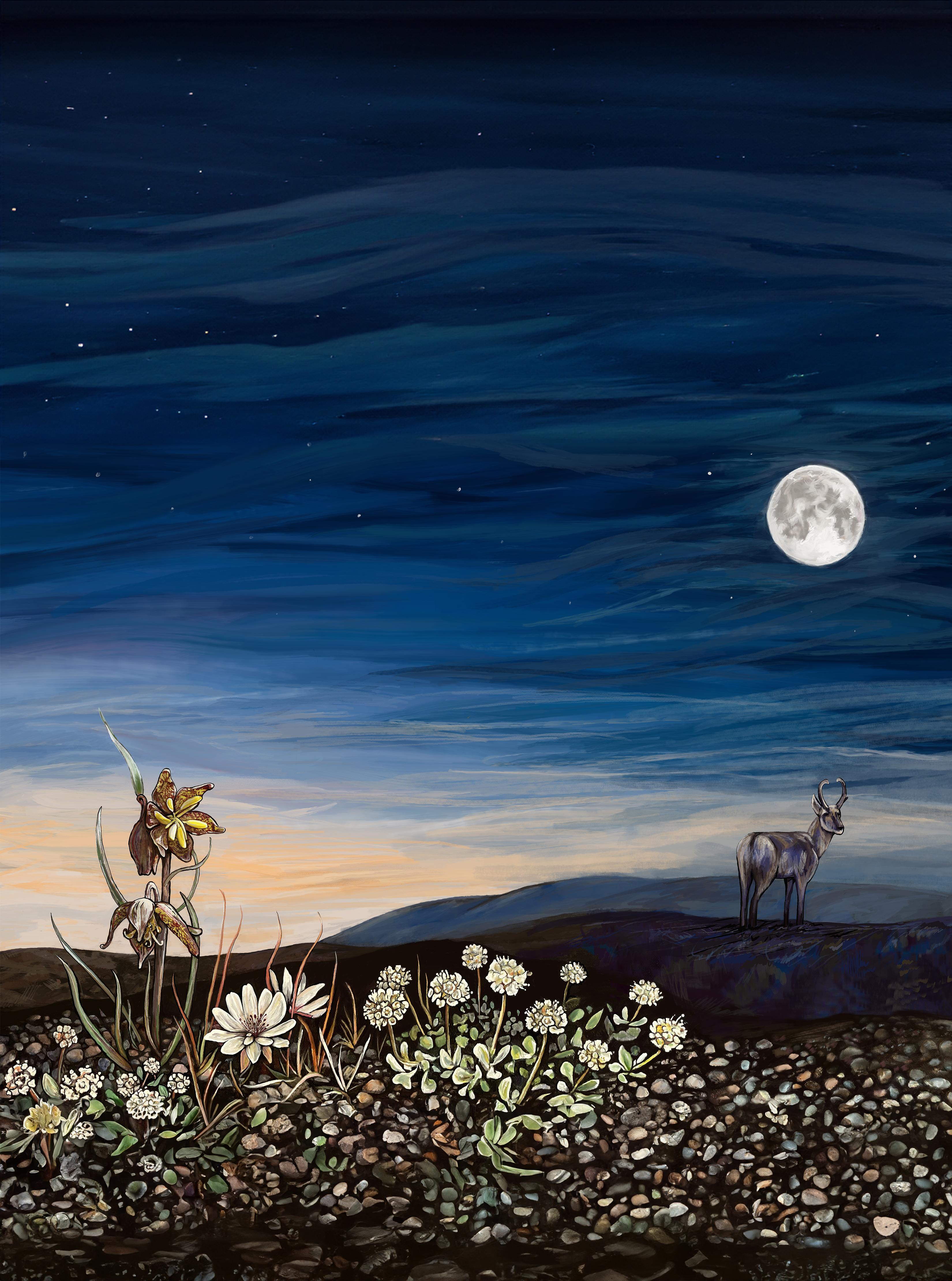 A painting illustrating the full moon rising over a lava landscape dotted with flowers.