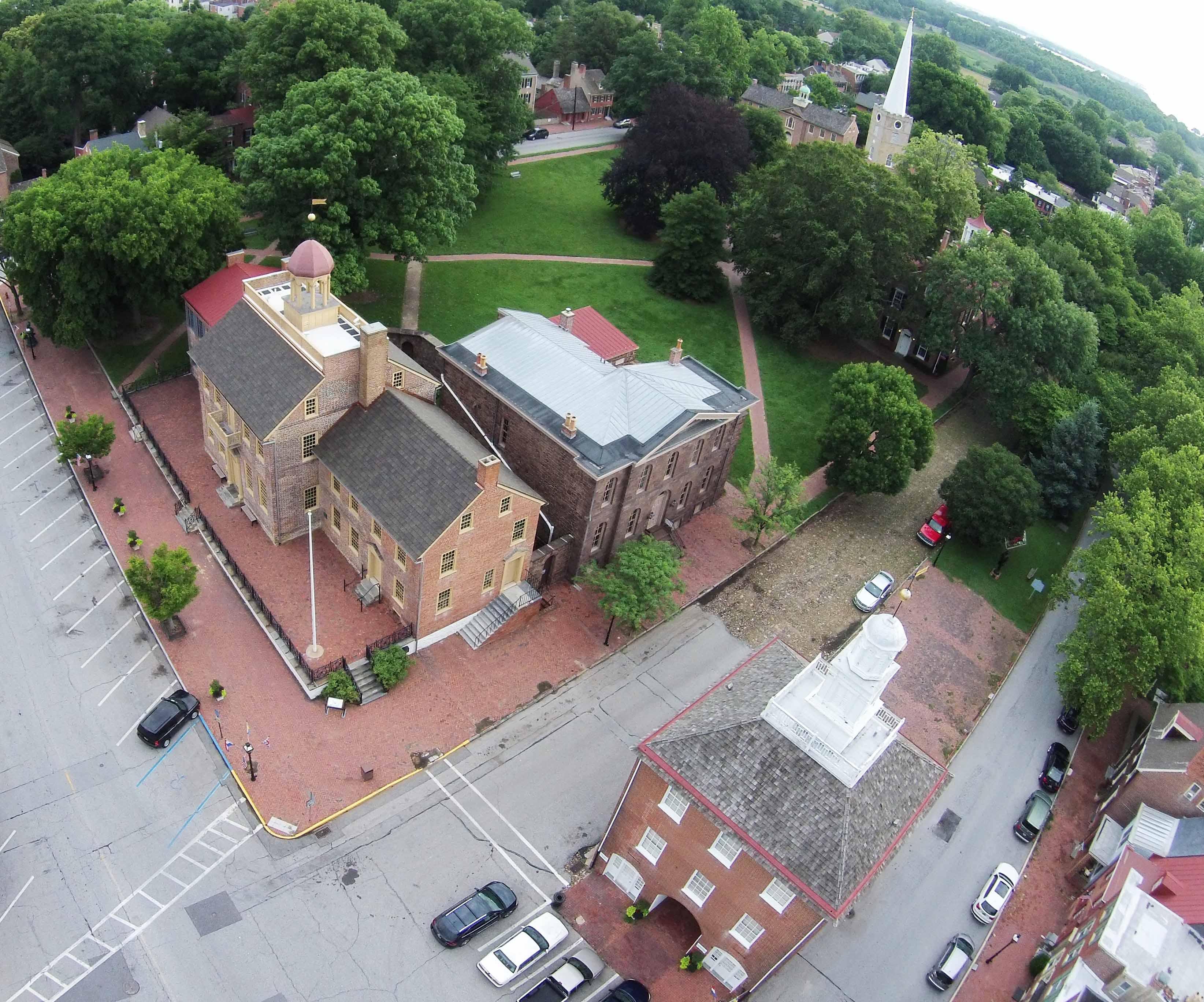 Aerial photo of a colonial town.