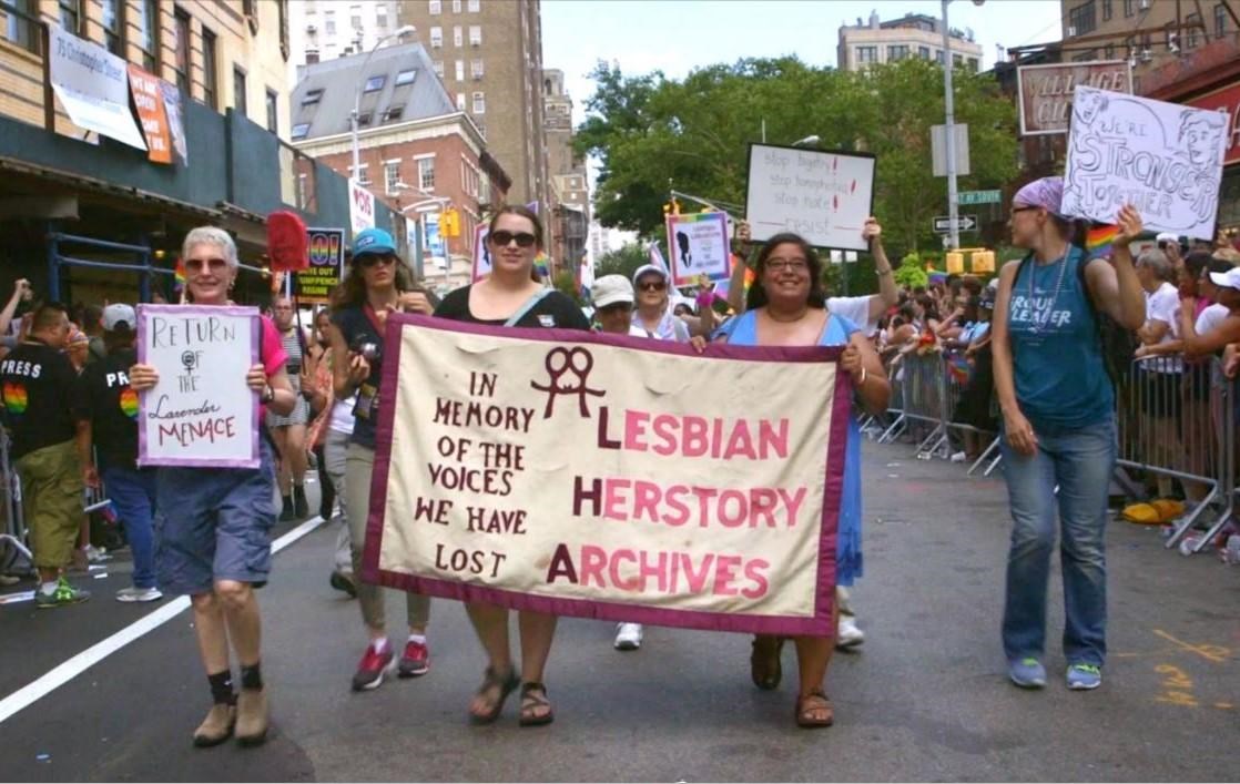 The Archivettes marching with the Lesbian Herstory Archives banner at NYC Pride