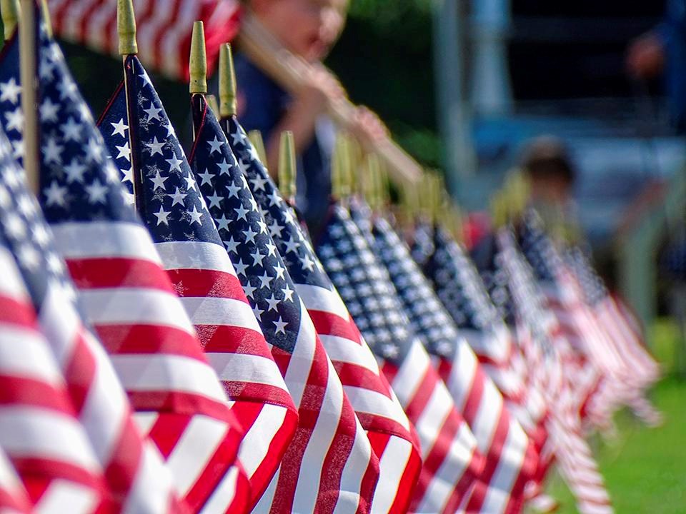 Close up of a row of American flags.