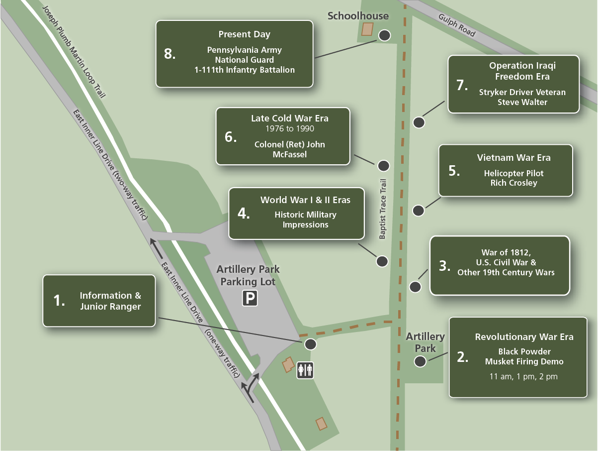 illustrated map showing parking lot and stations along baptist trace trail near artillery park