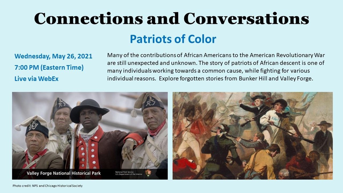 Event graphic with text about event, a picture of Rev War reenactors next to a painting of a battle.