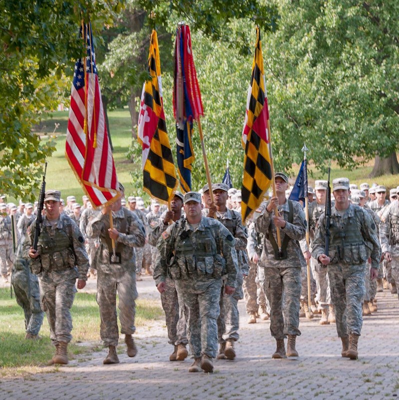 Maryland National Guard soldiers marching at Patterson Park