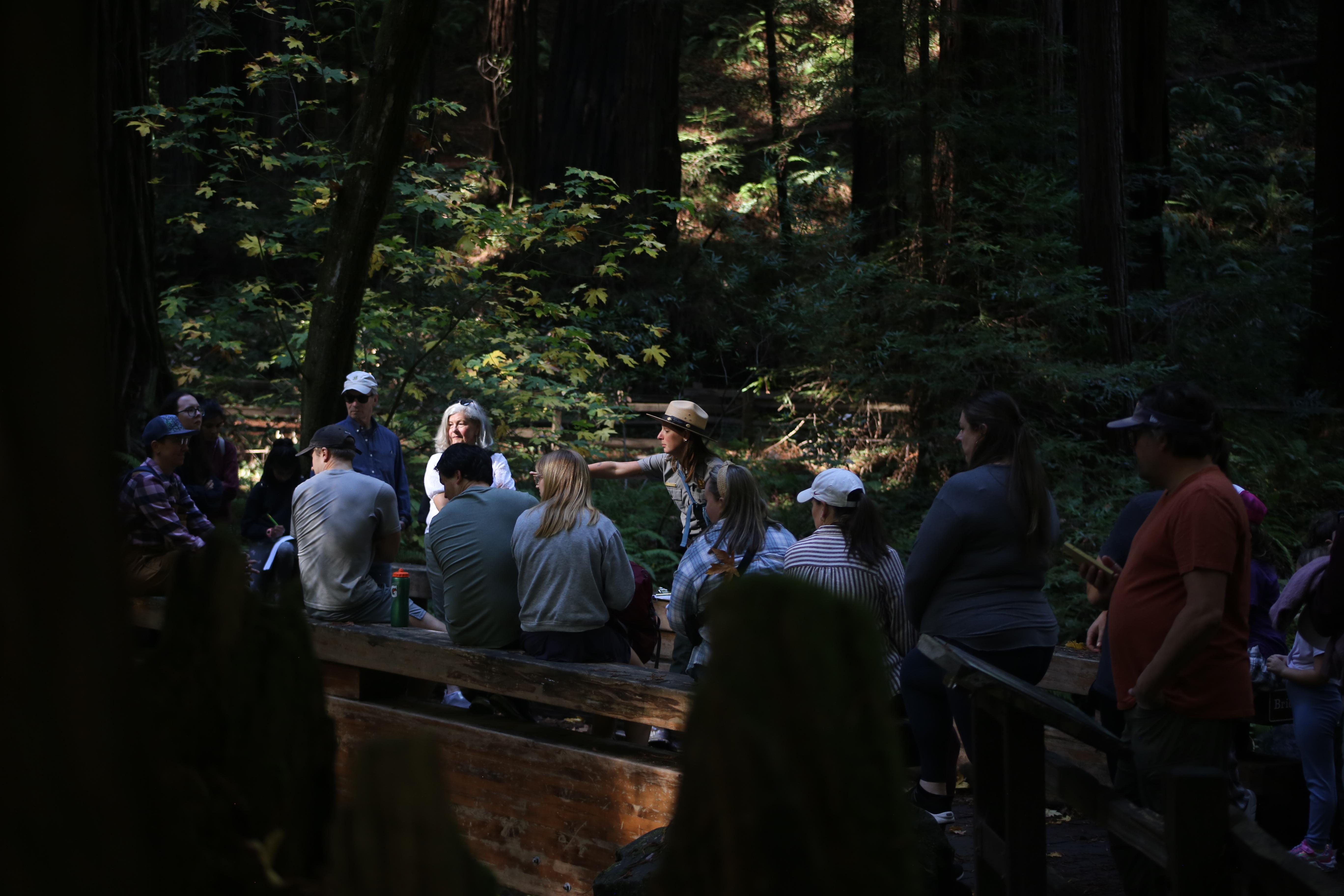 A ranger in a flat hat stands in a group of visitors who all look left to where she is pointing.