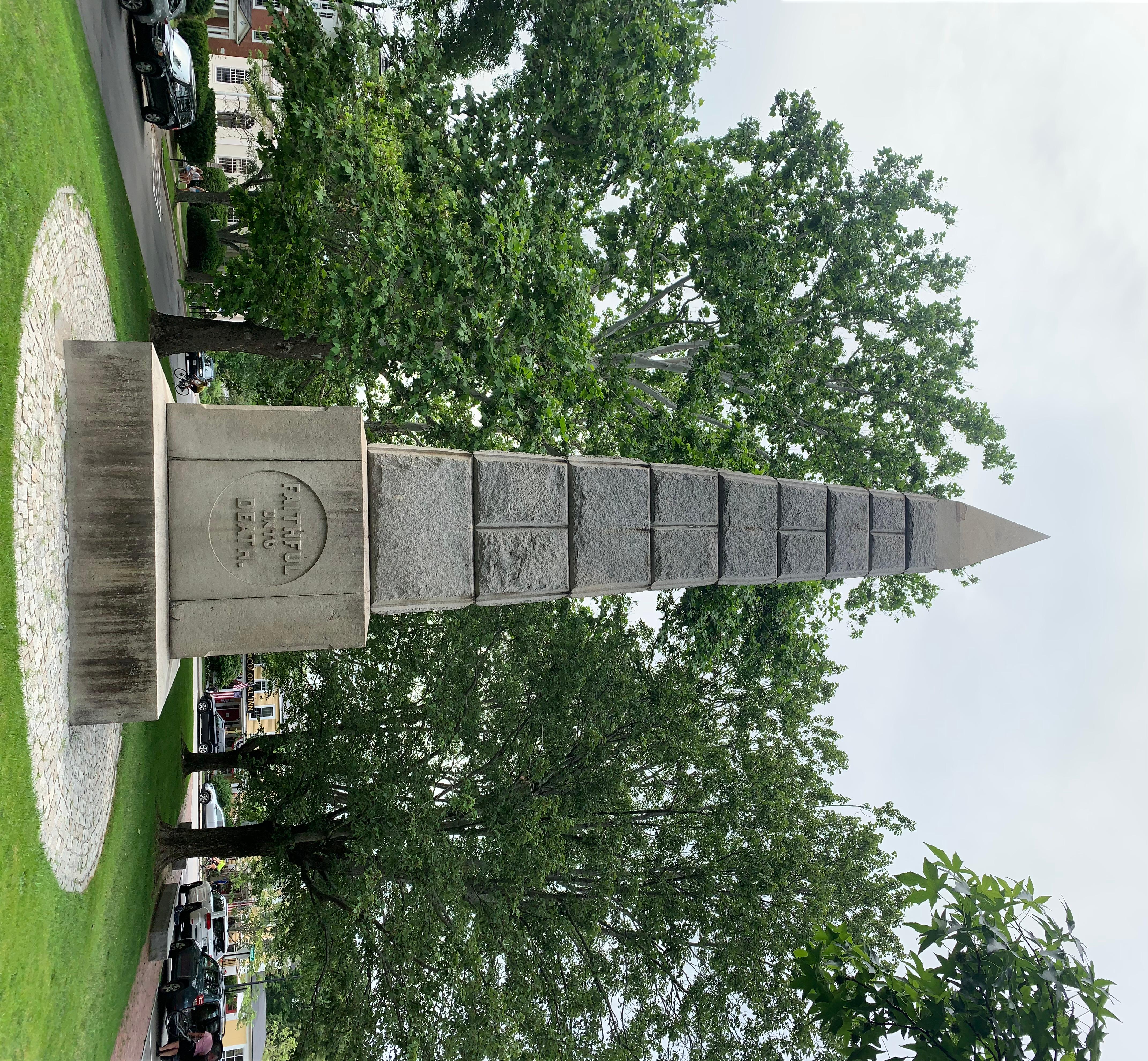 Tall obelisk monument for the American Civil War reading "Faithful Unto Death"