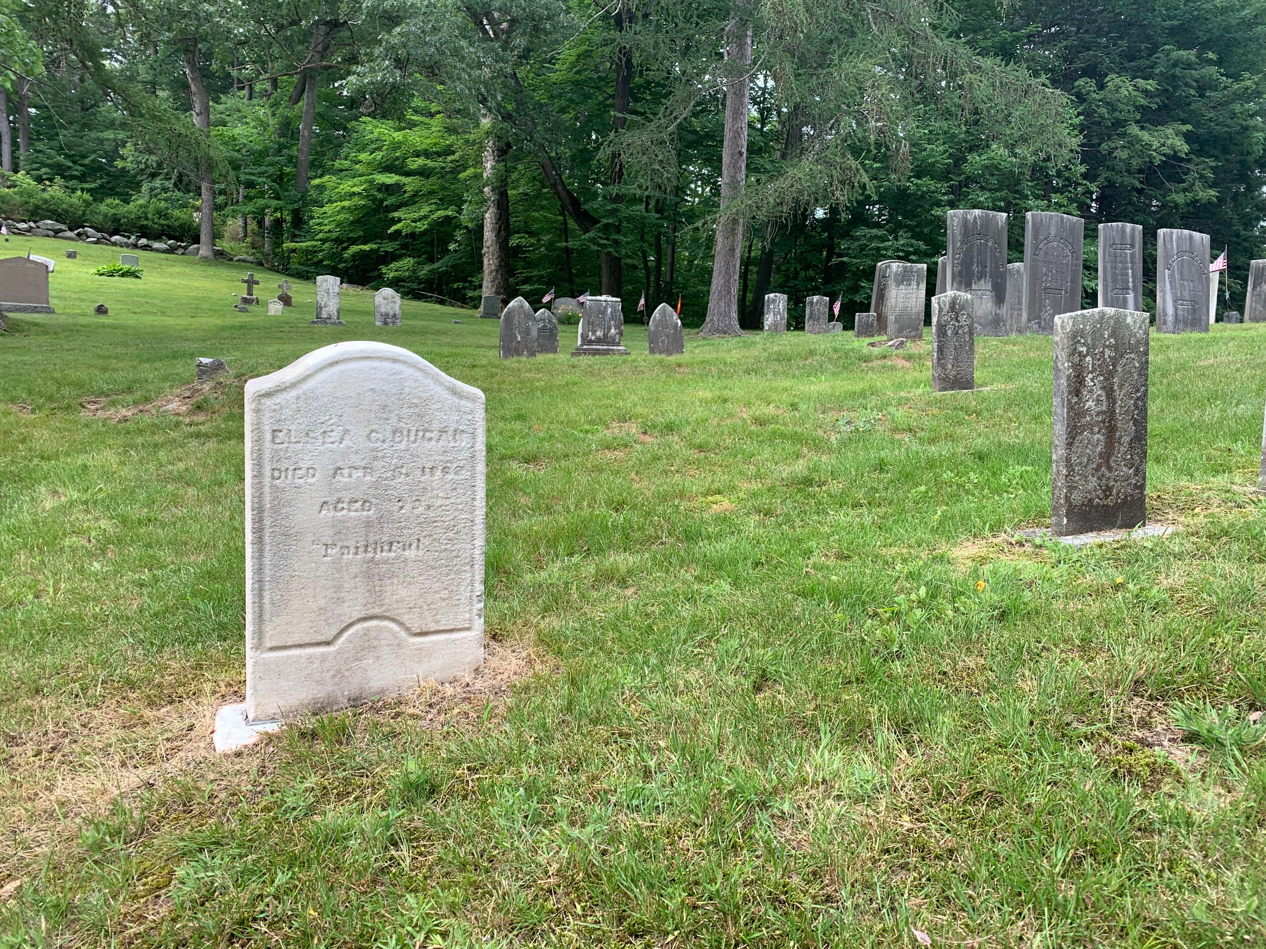 A tombstone for Elsea Dugan on a grass covered hill surrounded by other stones.