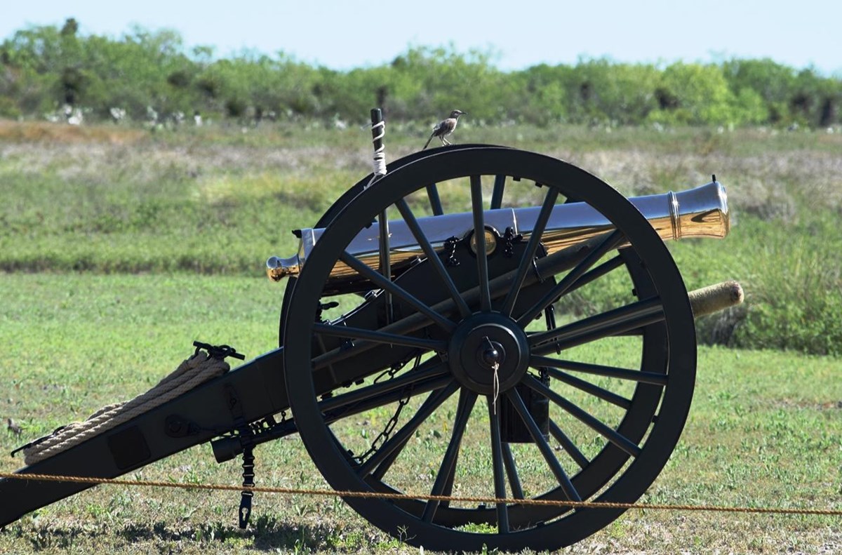 Model 1841 six pounder cannon with Mockingbird standing on wheel.