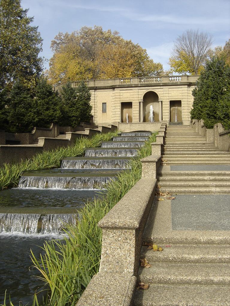 water cascades down man-made fountain at Meridian Hill Park