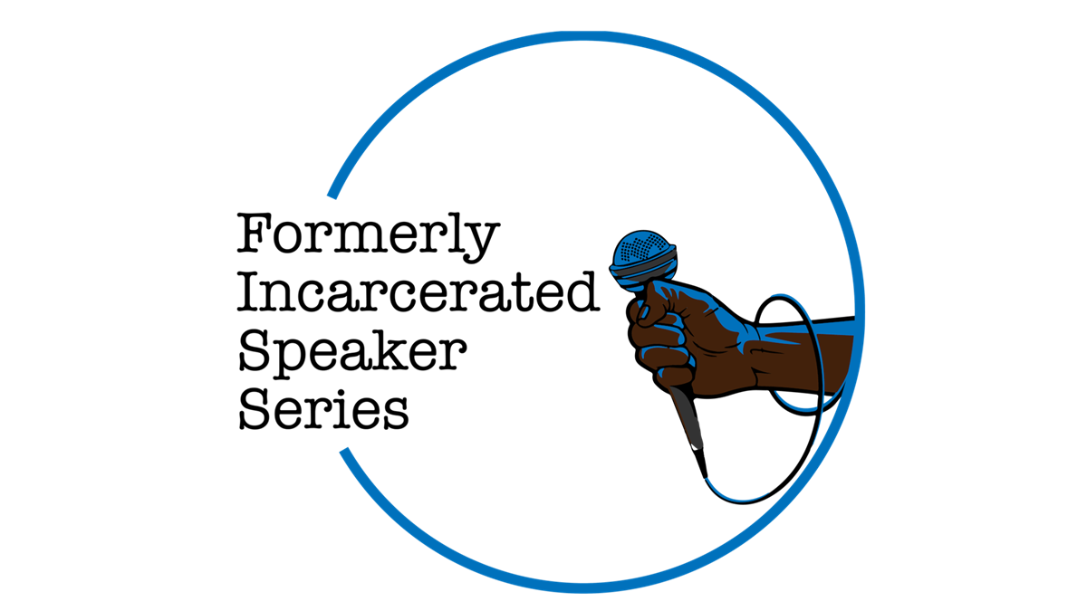 The Formerly Incarcerated Speaker Series Logo with text and brown hand holding microphone.