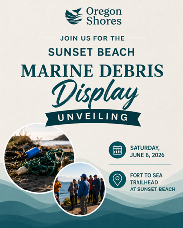 A flyer dep waves, a closeup of marine trash, and people watching a talk on marine debris.