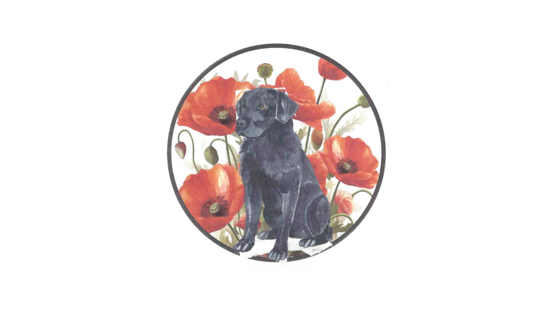Painting of a black dog with red flowers in the background