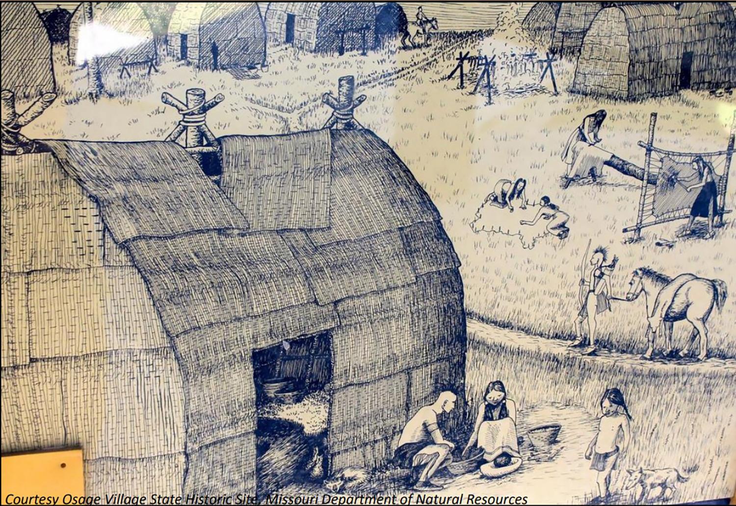 A sketch showing homes, people and activities in a typical Osage village before Europeans arrived.