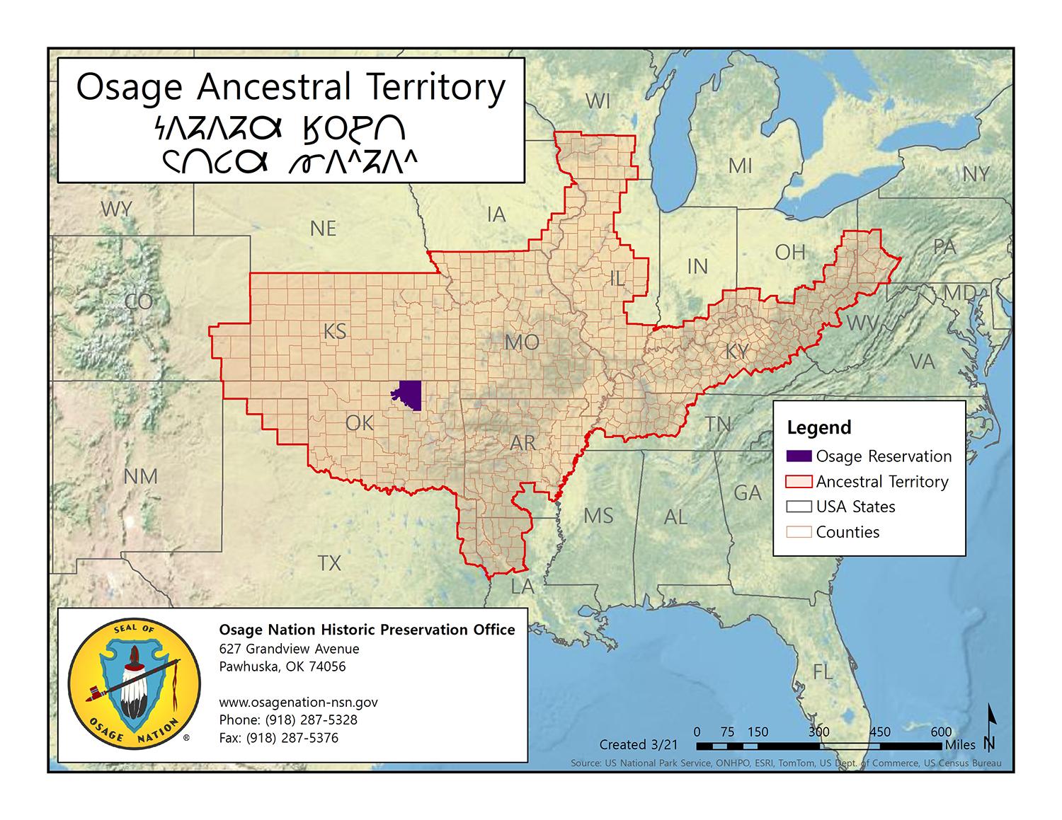 The ancestral map shows Osage migration over the last 1,000 years.