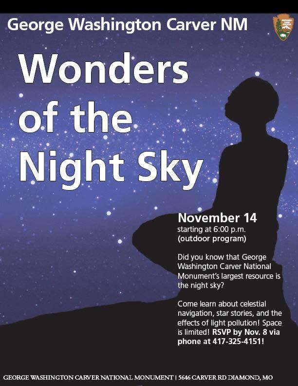 Silhouette of the young George Washington Carver statue and text about the night sky program.