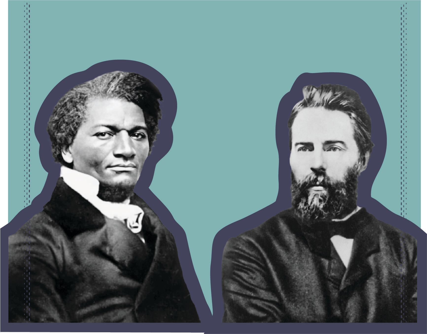 Black-and-white portraits of Frederick Douglass on the left and Herman Melville on the right.
