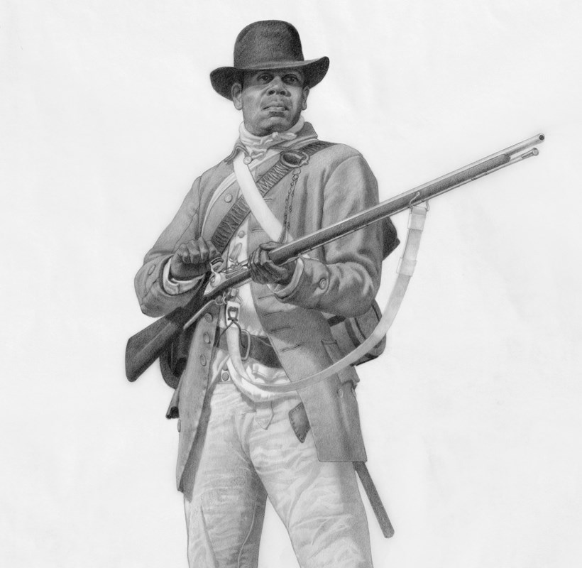 A black militia soldier in 18th century clothing stands holding a musket