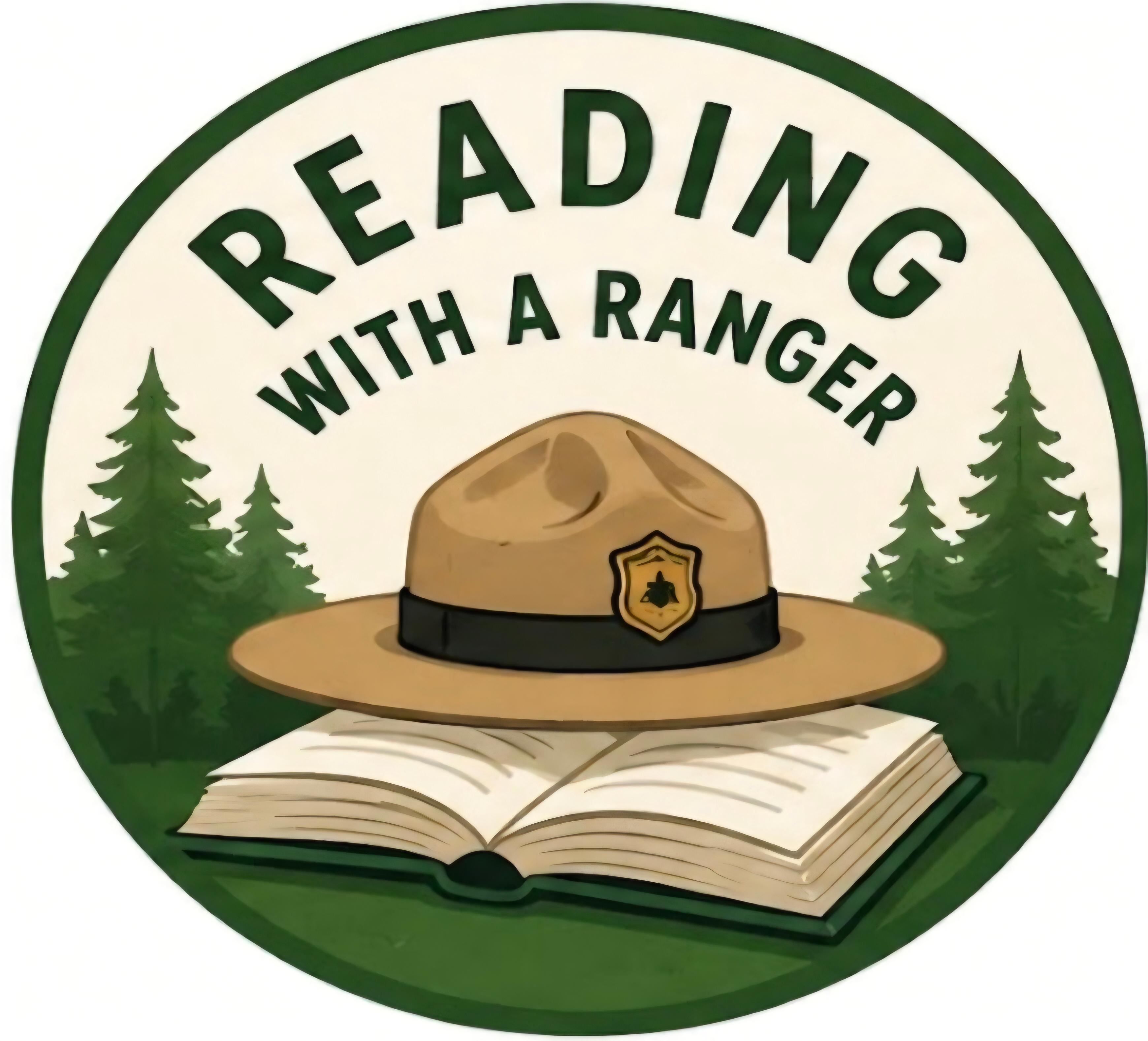 A color round logo for "Reading with a Ranger" with Ranger hat and book surrounded by green trees