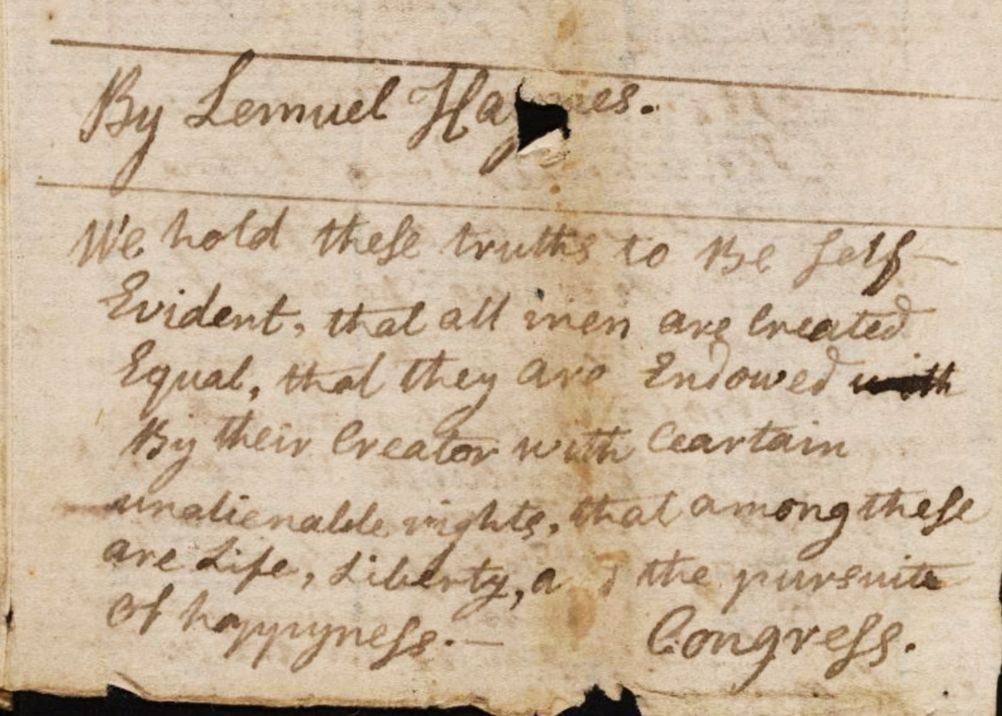 Cursive writing on a piece of parchment, a rewritten portion of the Declaration of Independence