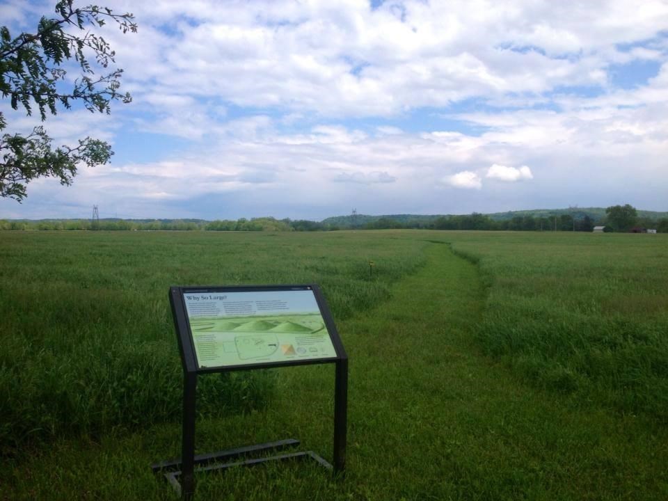 a park sign leads visitors to a grassy trail in a field.
