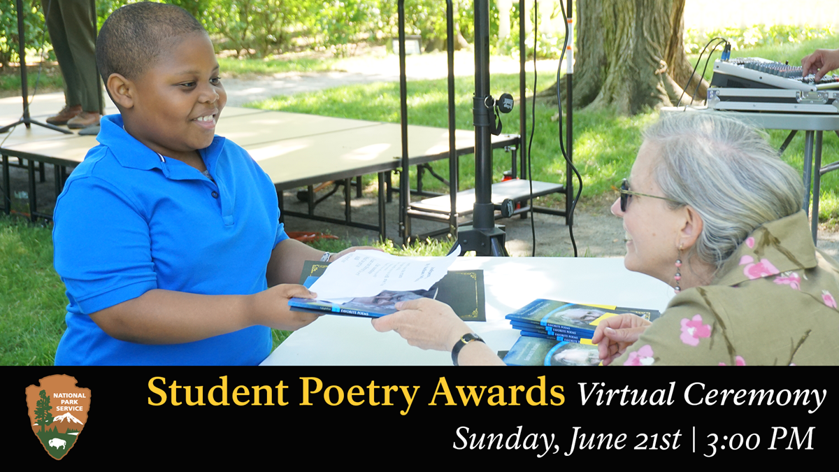 A student receiving a poetry award from a member of the New England Poetry Club.