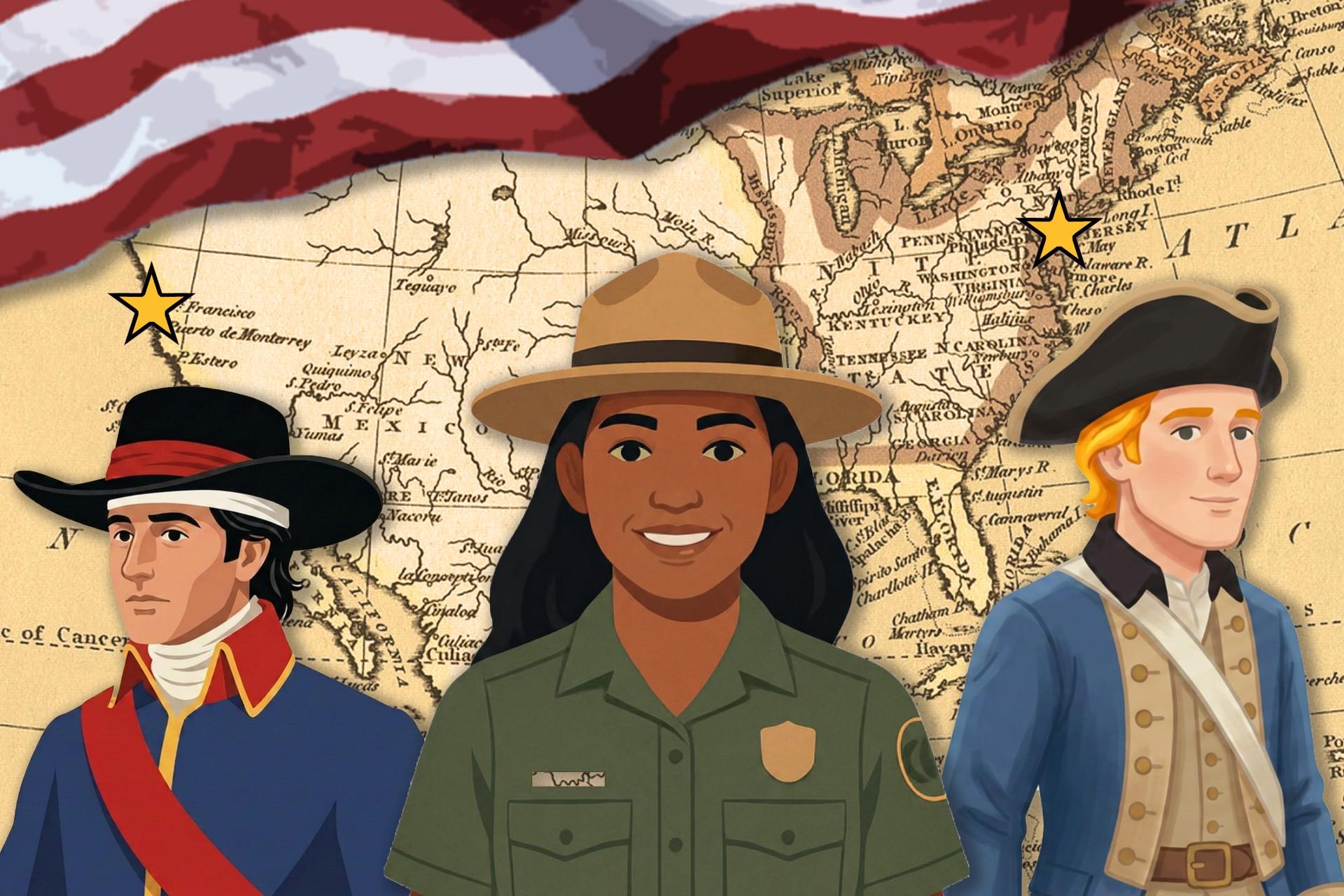 A drawing of three people standing in front of a map with an american flag above.
