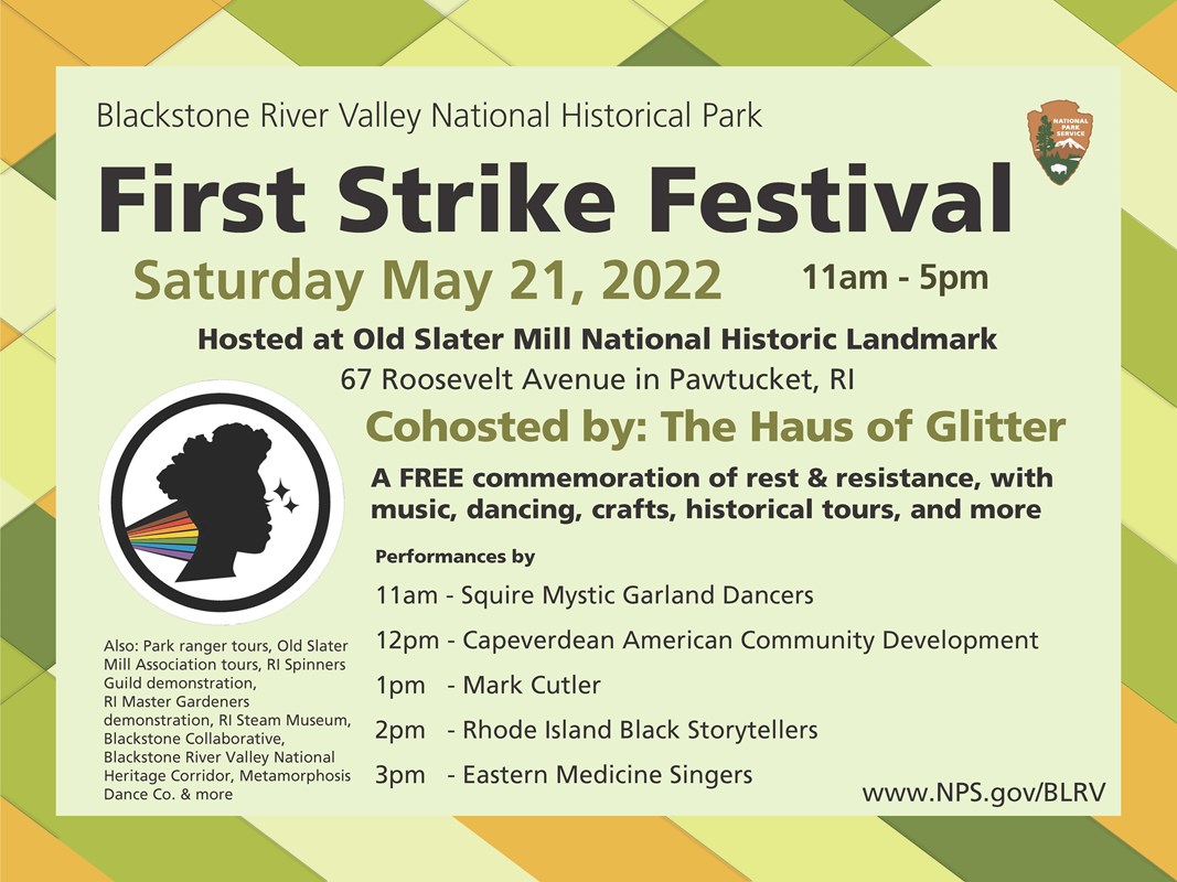 Poster with information about the first strike festival with a braided pattern