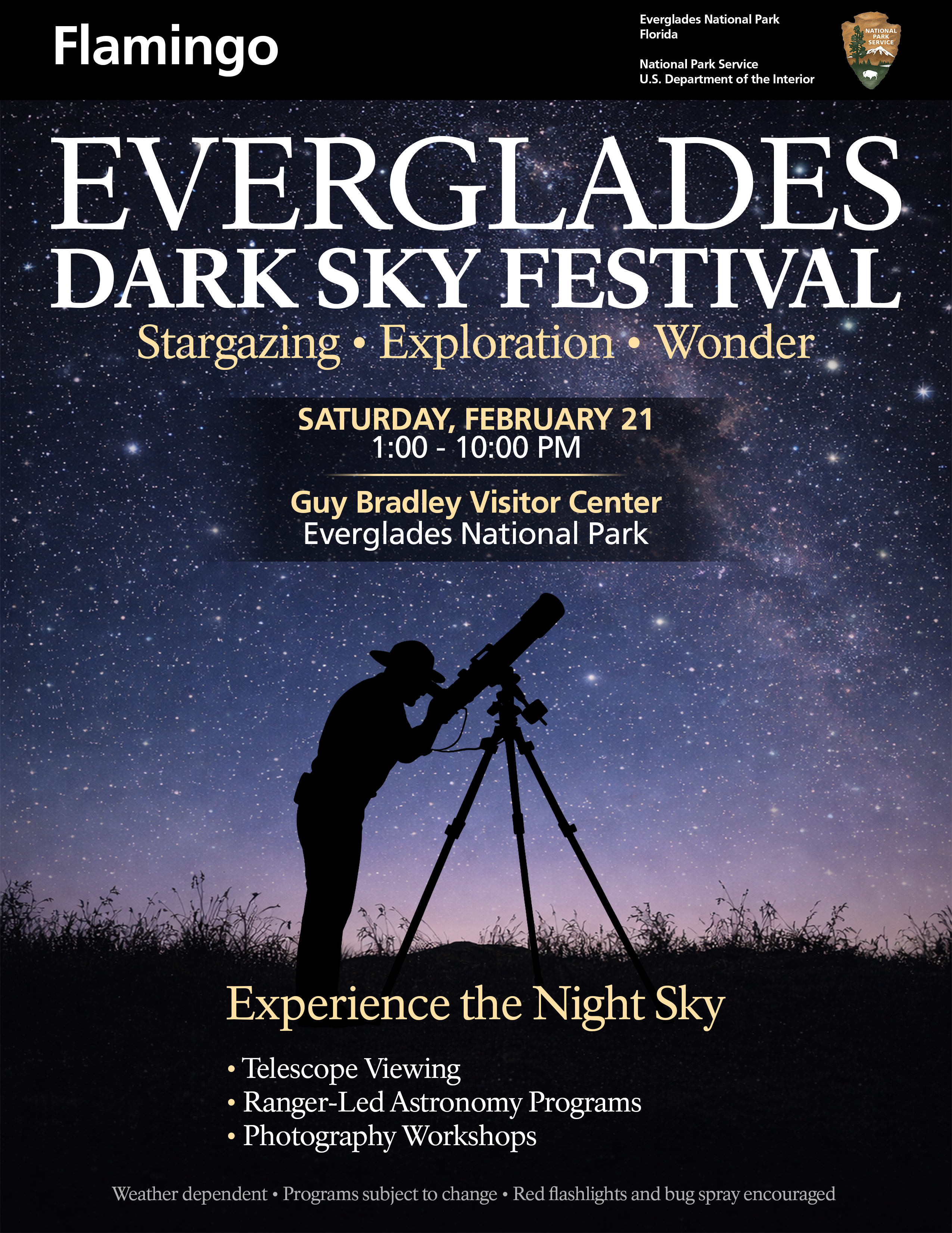 A park ranger viewing the night sky through a telescope.