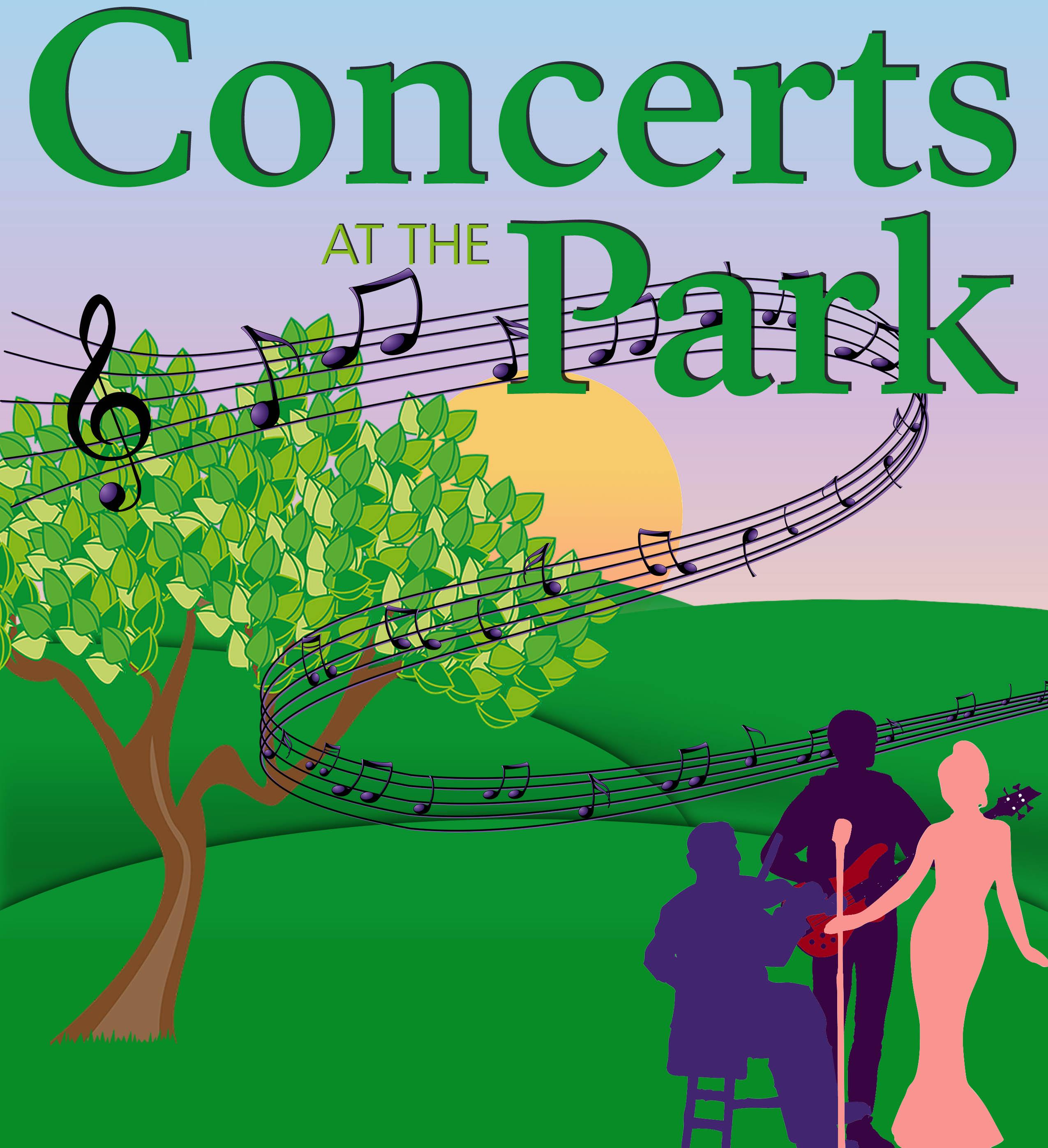 Graphic with silhouettes of performers against a sunset with music notes in the air