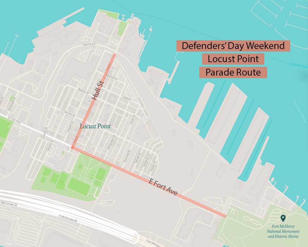Street map of Locust Point (Baltimore) with Hull St and E Fort Ave highlighted as a parade route