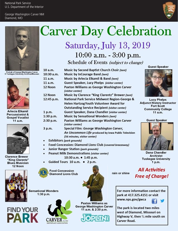 Image of Carver Day Schedule of Events. Image includes additional photographs of guests.
