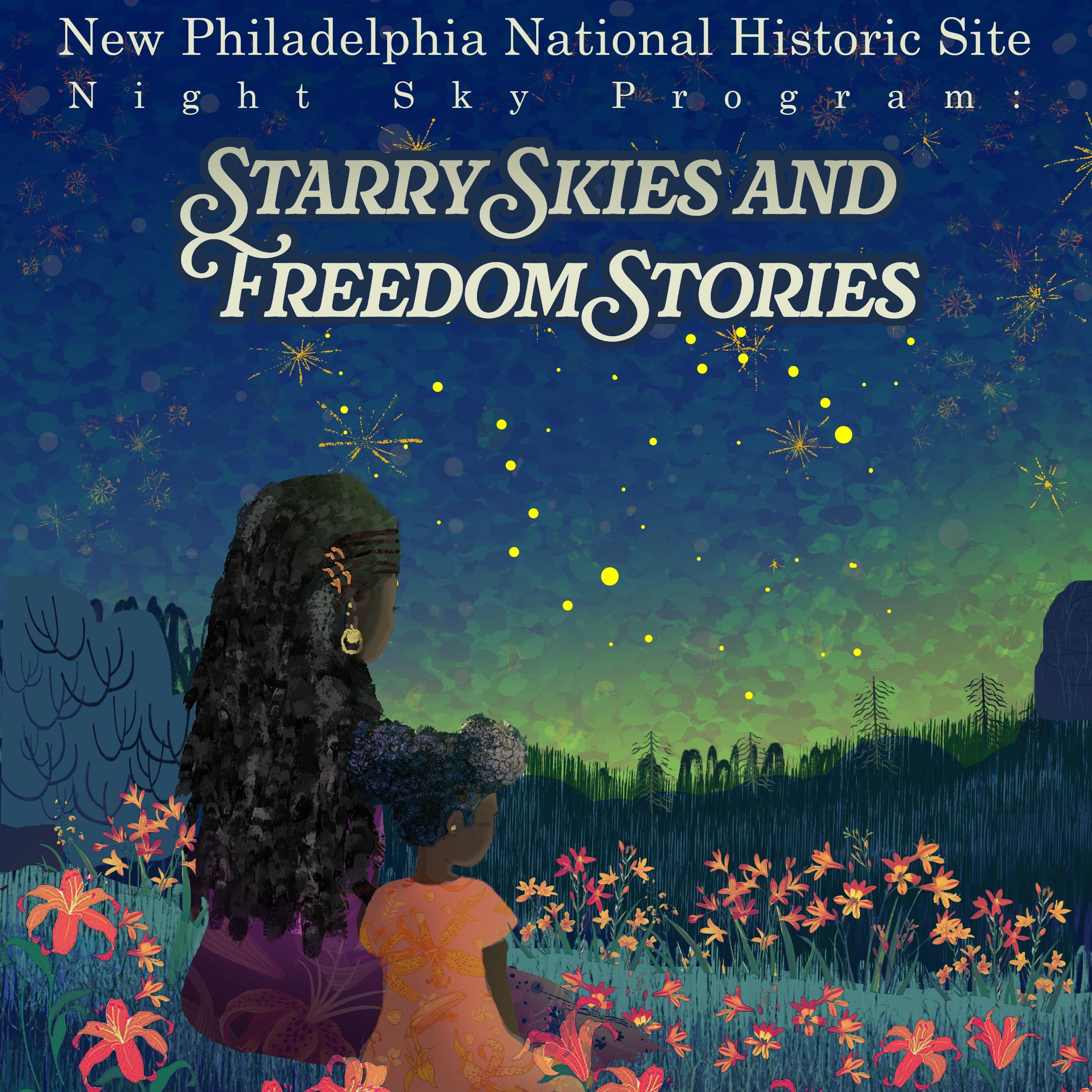 An African American mother and daughter look up at the little dipper in a starry sky.