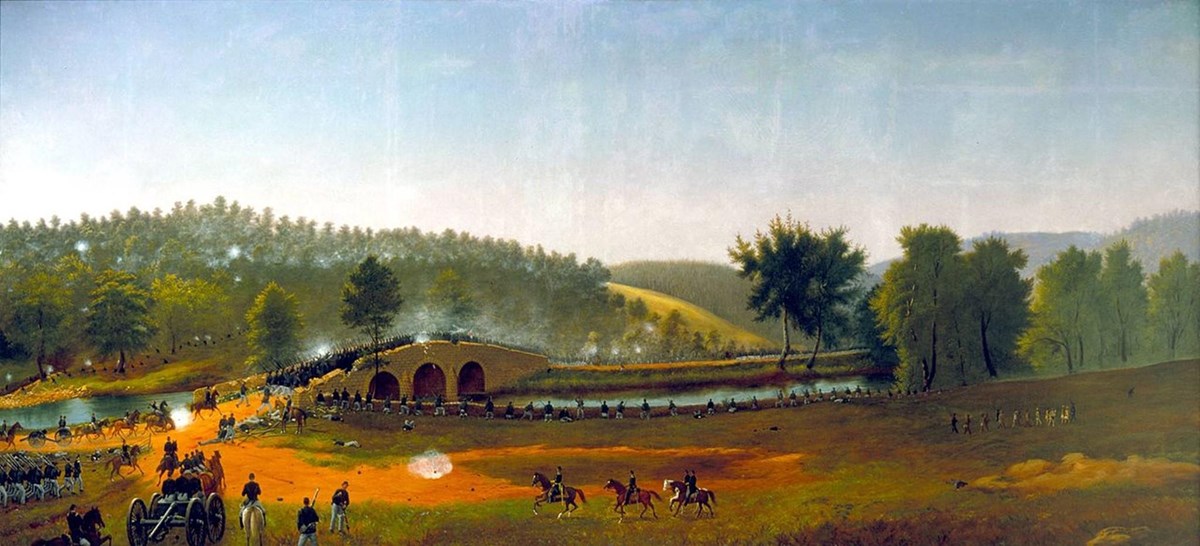 A painting illustrating the battle of Antietam