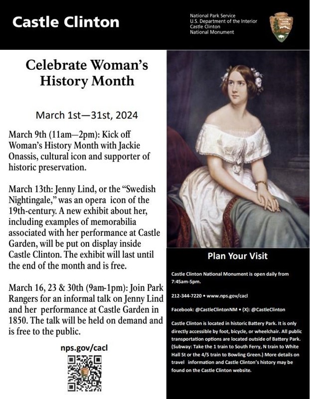 Program flyer for Woman's History Month at Castle Clinton