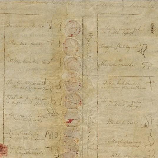 Faded handwritten document with cursive text and faint sketches on aged paper.