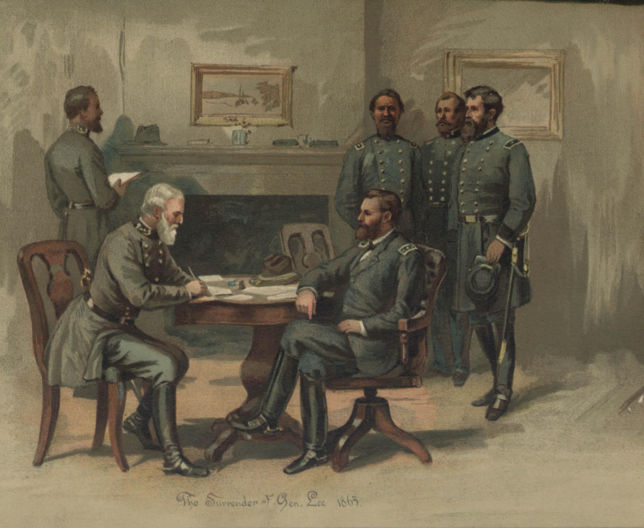 Drawing of two men in Civil War uniforms sitting at a table while four others look on