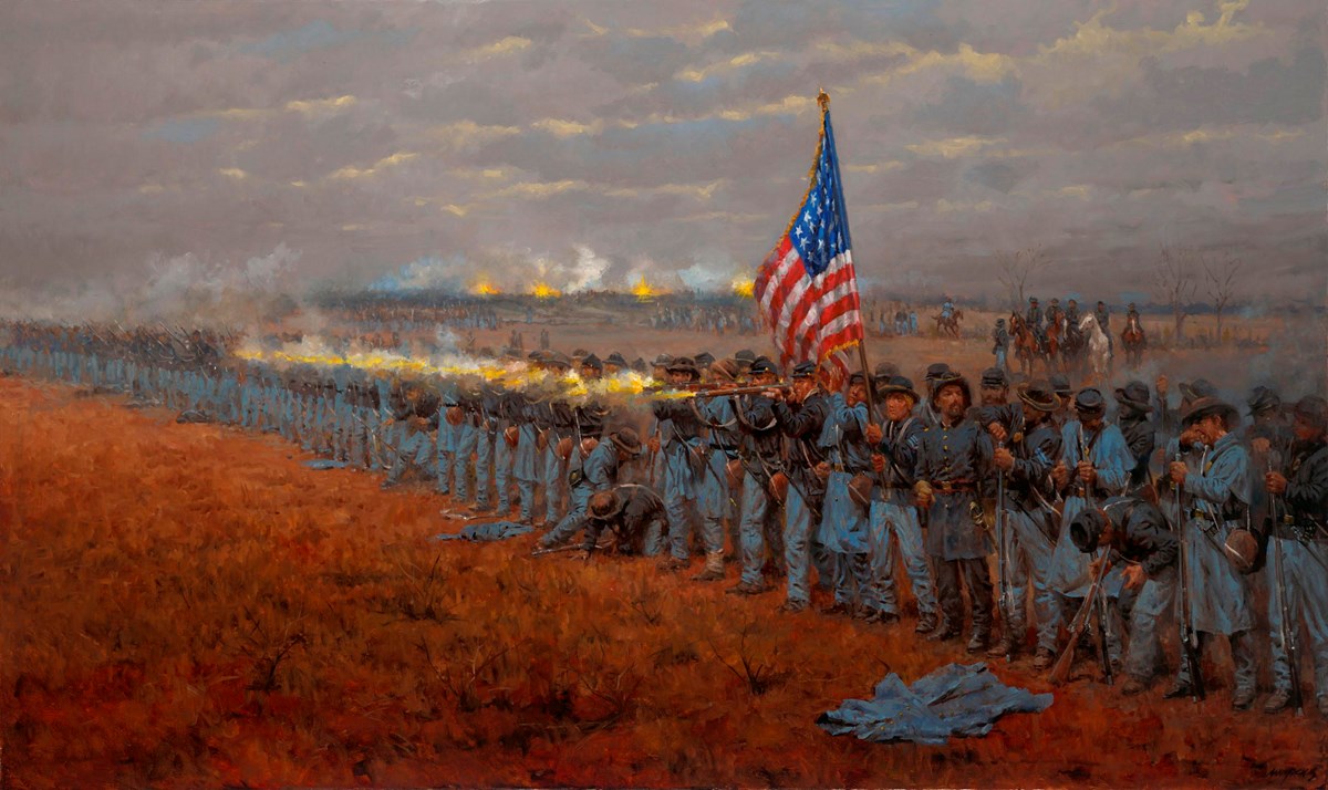 Color print depicting Union and Confederate soldiers fighting along the banks of a river.