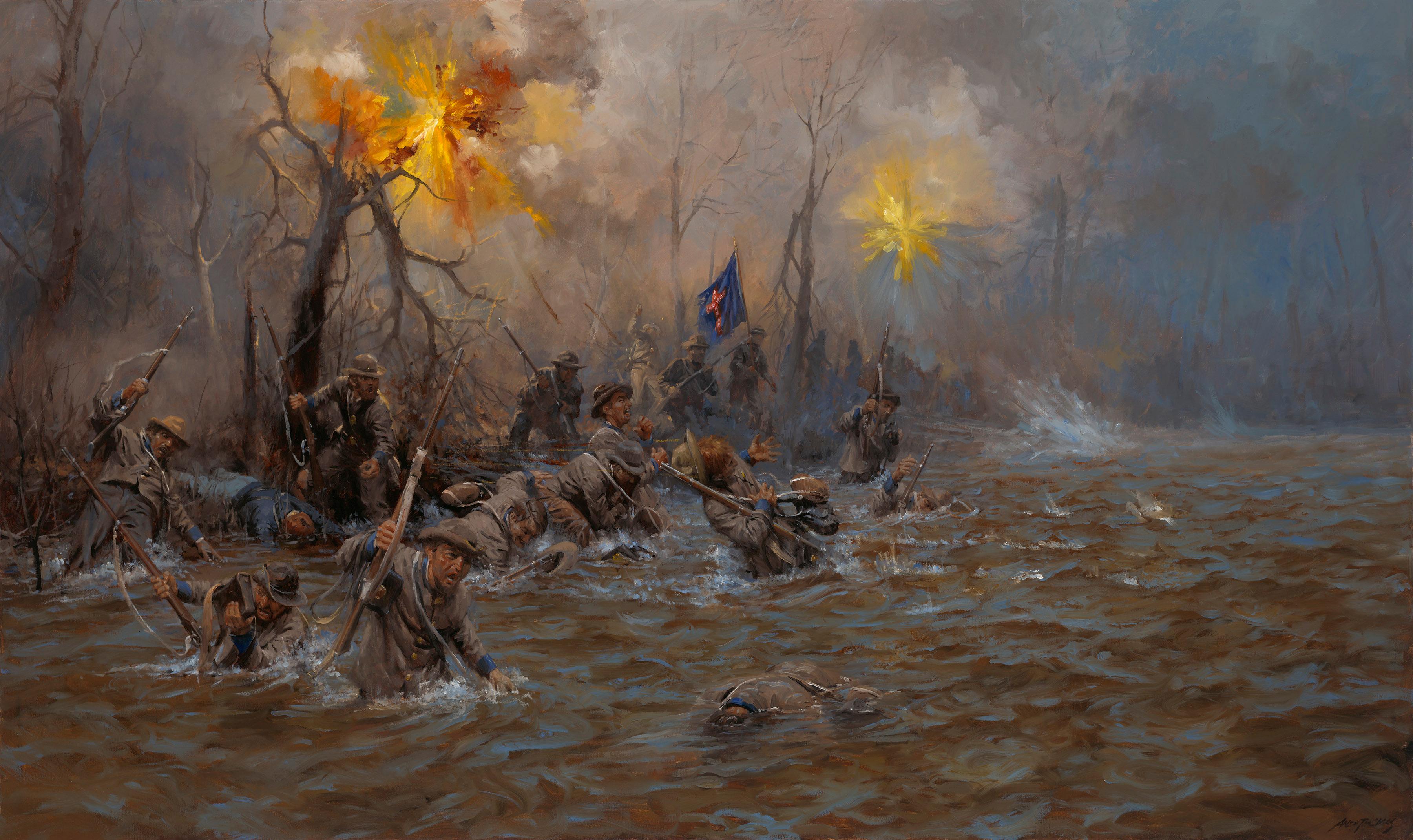 Soldier's in gray uniforms wade through waist deep water with explosions above them.