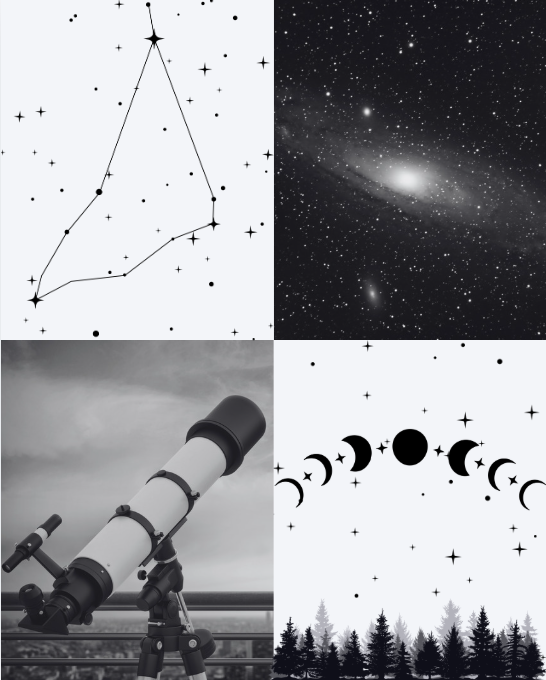 4 black and white images in a grid. constellation, galaxy, telescope, moon phases