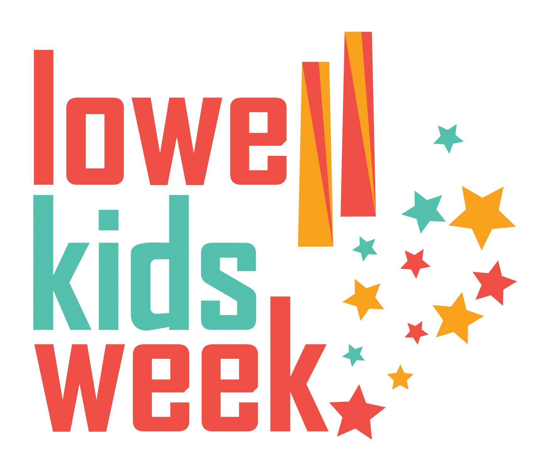 A colorful logo that reads, "Lowell Kids Week" with stars shooting out to the right.
