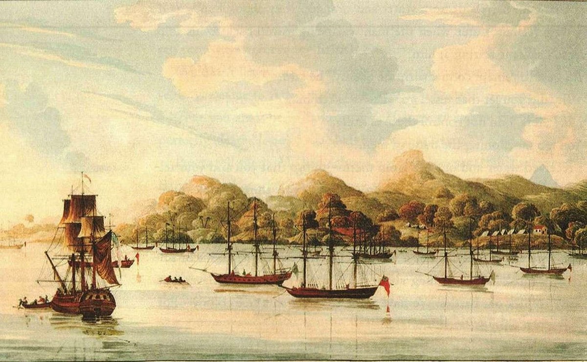 Color drawing of a harbor with several small ships in the water.