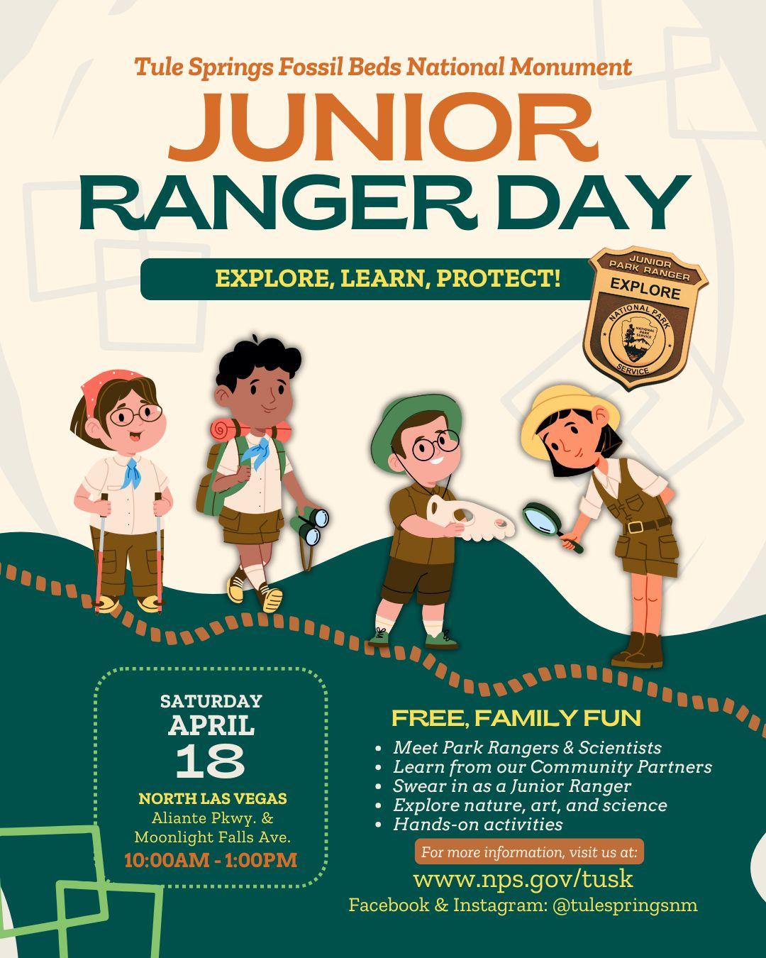 Four kids hiking and looking at a fossil with a magnifying glass. Flyer has event details.