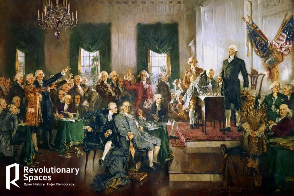 Event graphic with painting of founding fathers in discussion