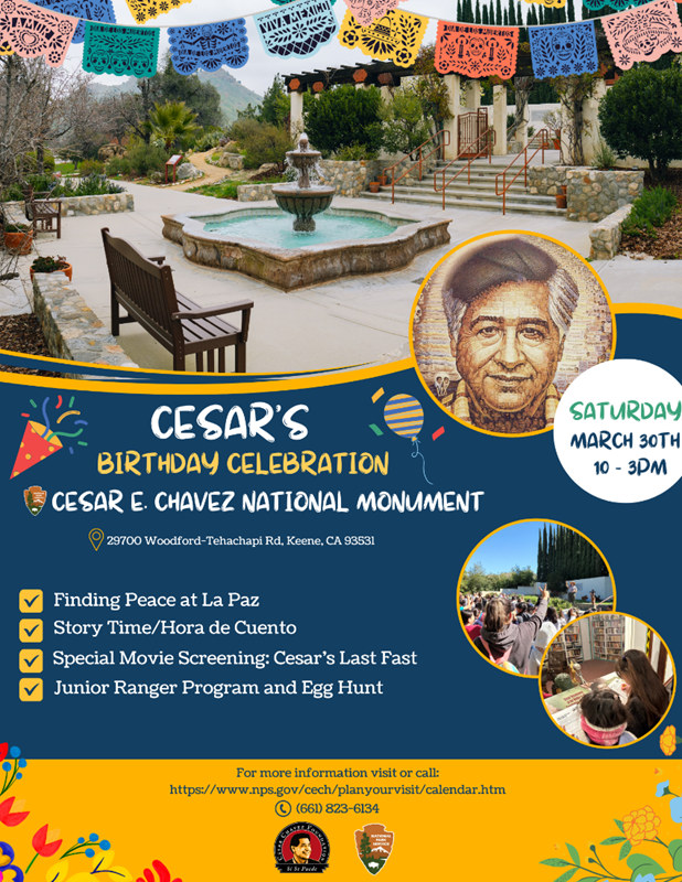 An event flyer. The top section shows a photo of a fountain. The bottom section has a list of events