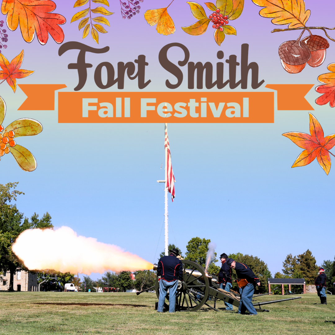 Cannon firing under an American flag with the Fort Smith Fall Festival logo and autumn leaves.