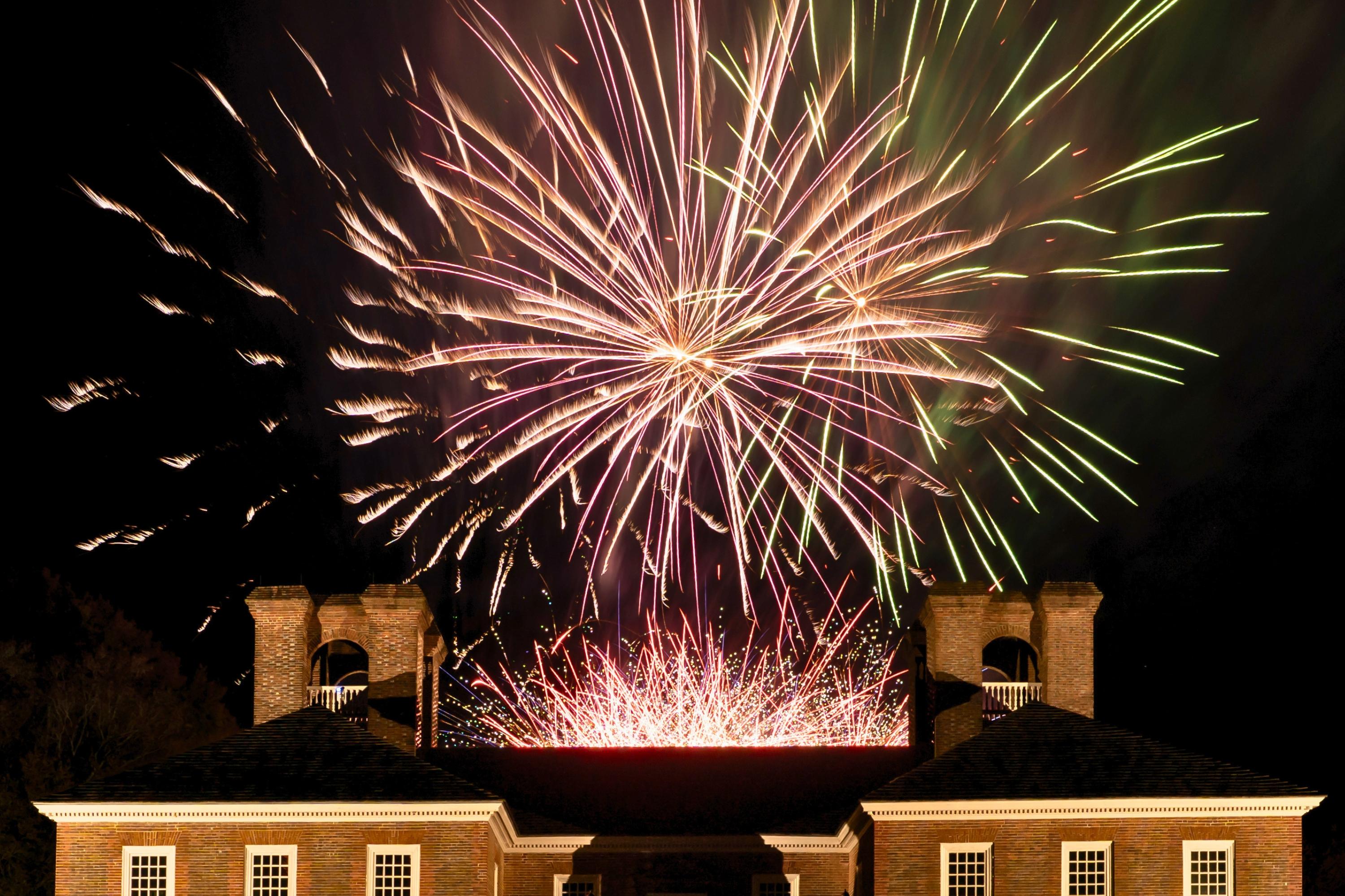 Fireworks light up the night sky above Stratford Hall.